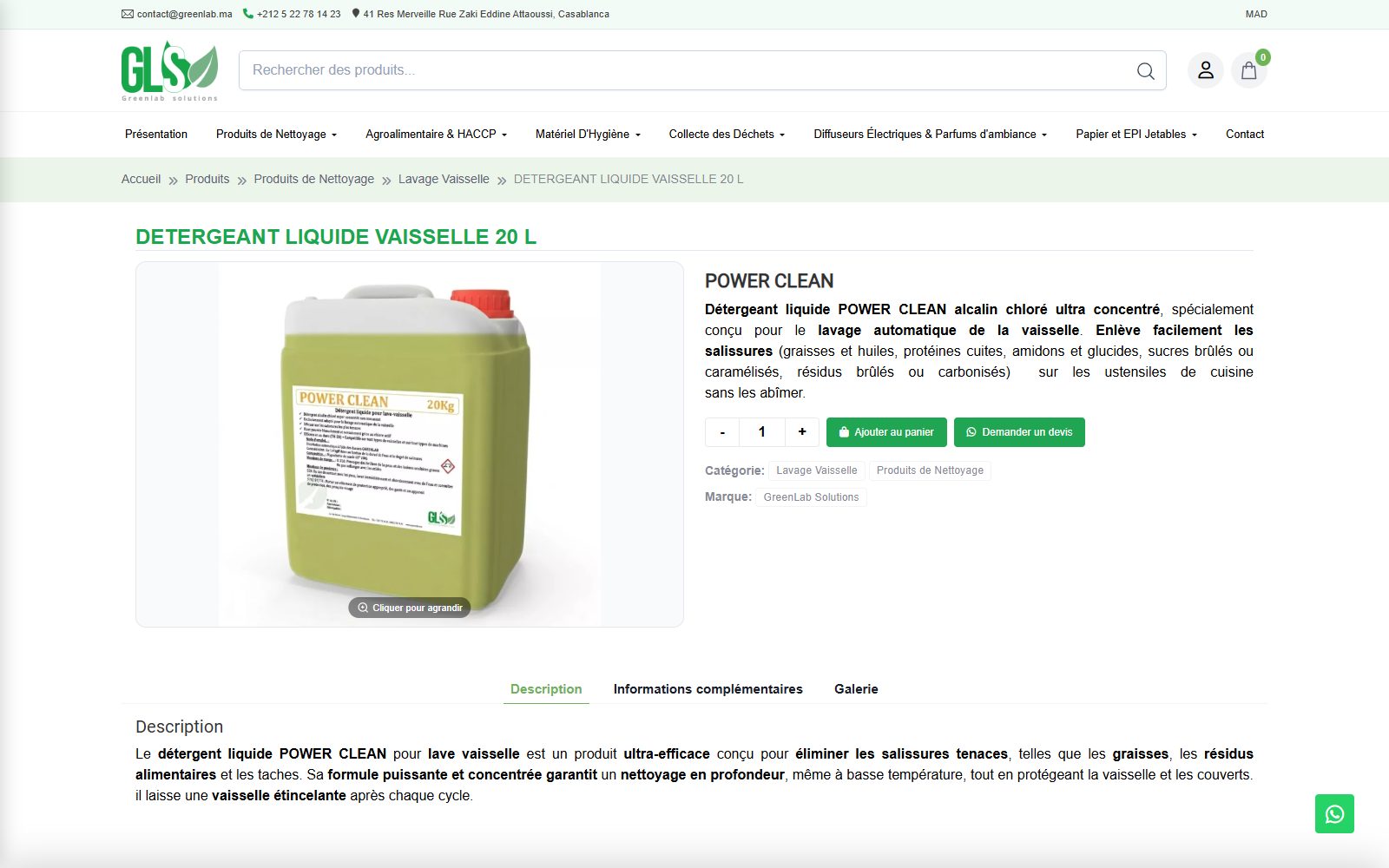 Fiche produit avec ajout au panier et bouton de demande de devis WhatsApp